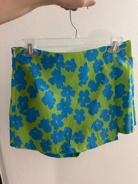 SHEIN Lime Green & Blue Floral Trim Skirt
